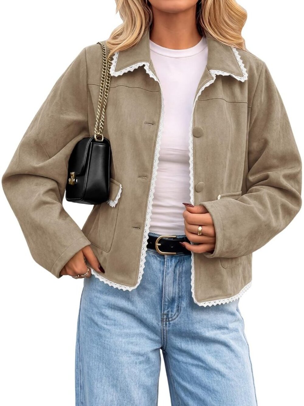 Women's Dark Brown Faux Suede Button Down Jacket Vintage Lace Trim Casual Coat